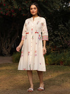 Juniper White Floral Printed A-Line Pleated Cotton Dress With Kantha Work & Tassels - Distacart