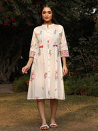 Juniper White Floral Printed A-Line Pleated Cotton Dress With Kantha Work & Tassels - Distacart
