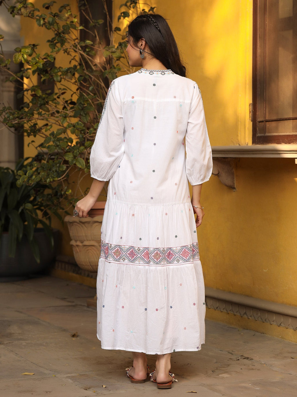 Juniper White Pure Cotton Tiered Maxi Dress With Multi-Colored Embroidery Work - Distacart