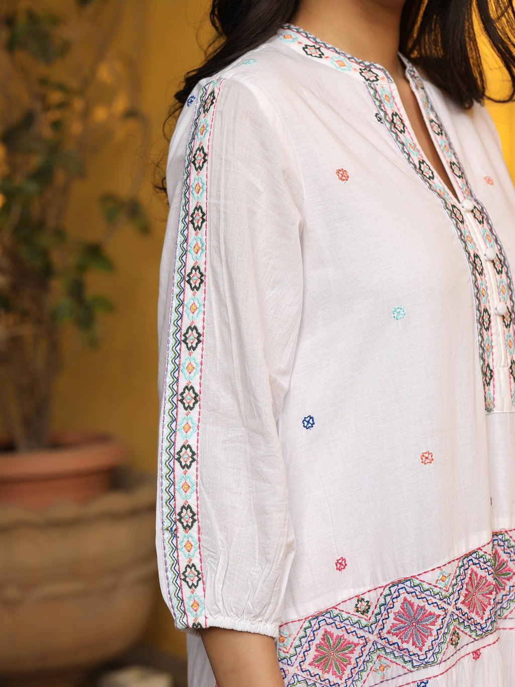 Juniper White Pure Cotton Tiered Maxi Dress With Multi-Colored Embroidery Work - Distacart