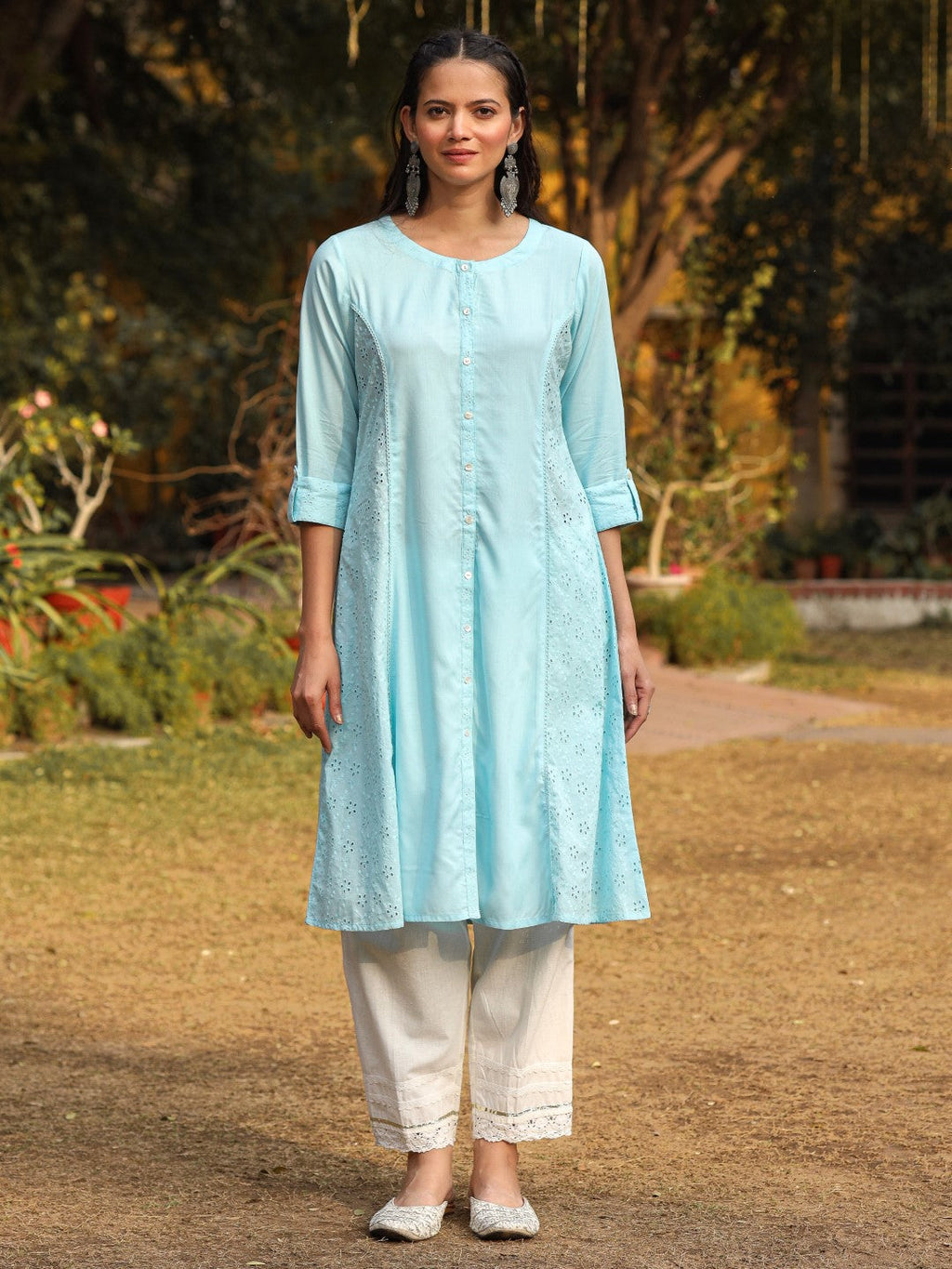 Juniper Powder Blue Solid A-Line Schiffli Kurta - Distacart