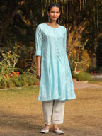 Juniper Powder Blue Solid A-Line Schiffli Kurta - Distacart