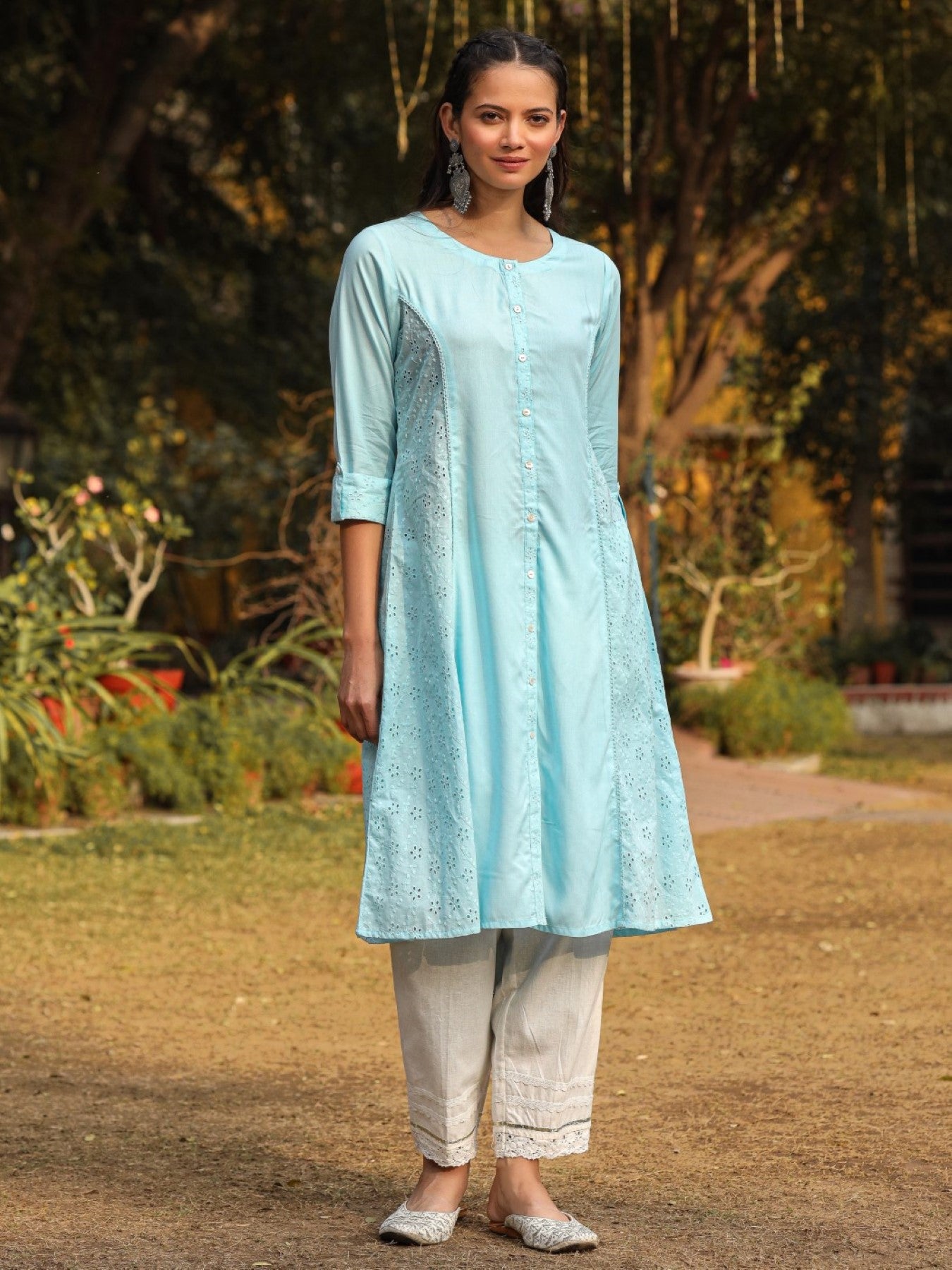 Juniper Powder Blue Solid A-Line Schiffli Kurta - Distacart
