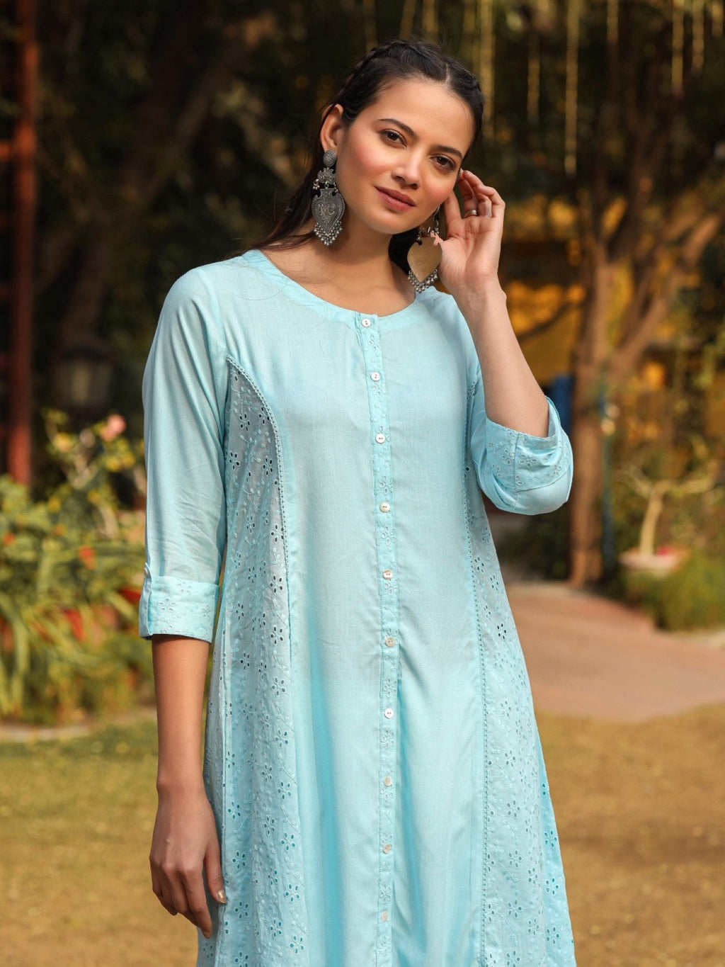 Juniper Powder Blue Solid A-Line Schiffli Kurta - Distacart