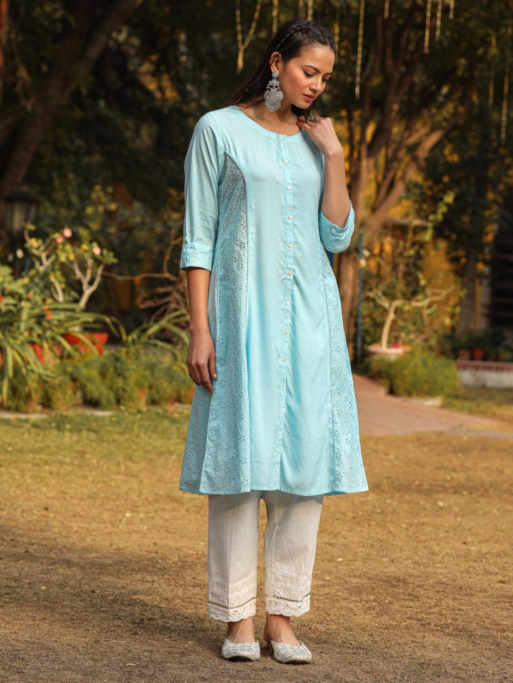 Juniper Powder Blue Solid A-Line Schiffli Kurta - Distacart
