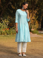 Juniper Powder Blue Solid A-Line Schiffli Kurta - Distacart
