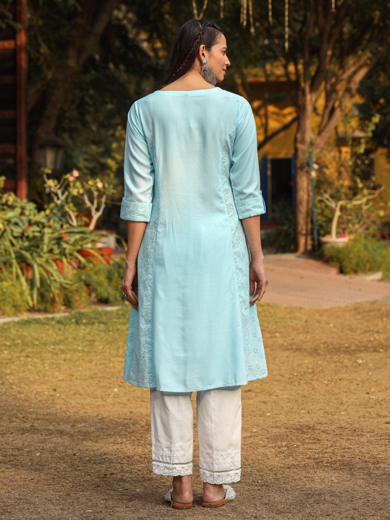 Juniper Powder Blue Solid A-Line Schiffli Kurta - Distacart