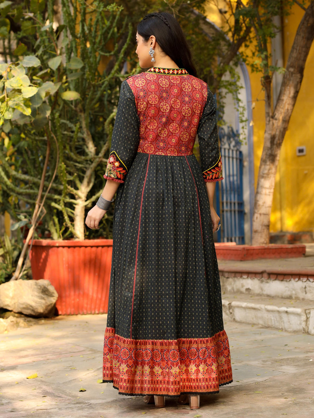 Juniper Women's Black Cotton Ethnic Motif Printed Fit & Flare Layered Maxi Dress With Thread Embroidery & Tassels - Distacart
