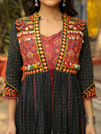 Juniper Women's Black Cotton Ethnic Motif Printed Fit & Flare Layered Maxi Dress With Thread Embroidery & Tassels - Distacart