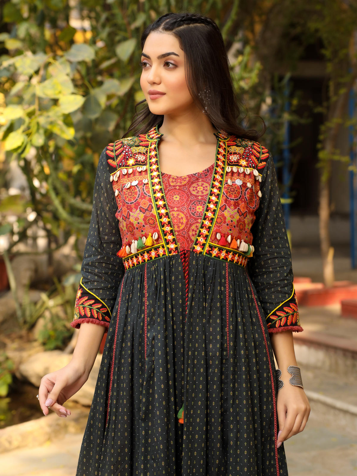 Juniper Women's Black Cotton Ethnic Motif Printed Fit & Flare Layered Maxi Dress With Thread Embroidery & Tassels - Distacart