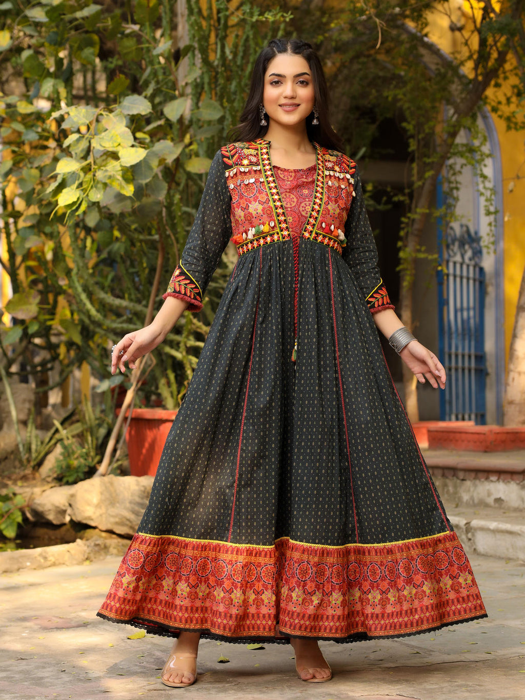 Juniper Women's Black Cotton Ethnic Motif Printed Fit & Flare Layered Maxi Dress With Thread Embroidery & Tassels - Distacart