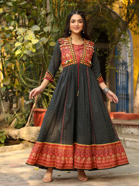 Juniper Women's Black Cotton Ethnic Motif Printed Fit & Flare Layered Maxi Dress With Thread Embroidery & Tassels
