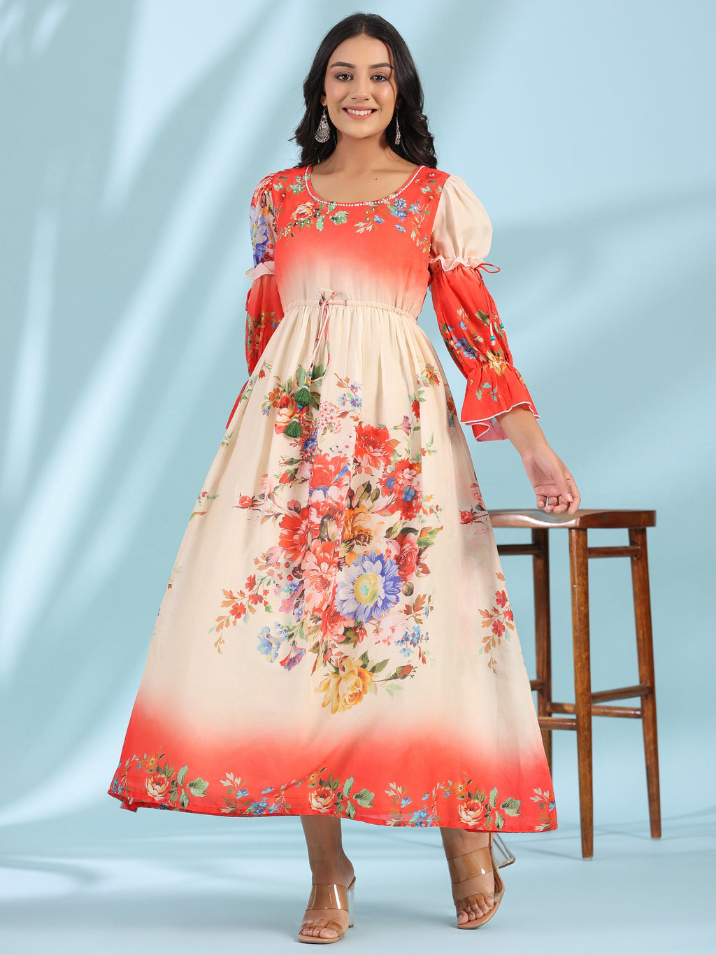 Juniper Women's Off-White Floral Printed Cotton Maxi Dress With Beads & Sequins Work - Distacart