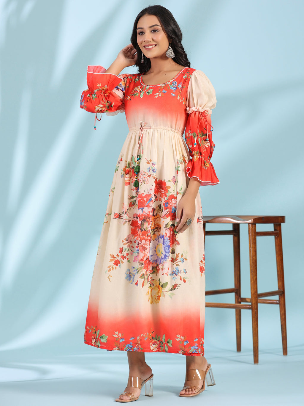 Juniper Women's Off-White Floral Printed Cotton Maxi Dress With Beads & Sequins Work - Distacart