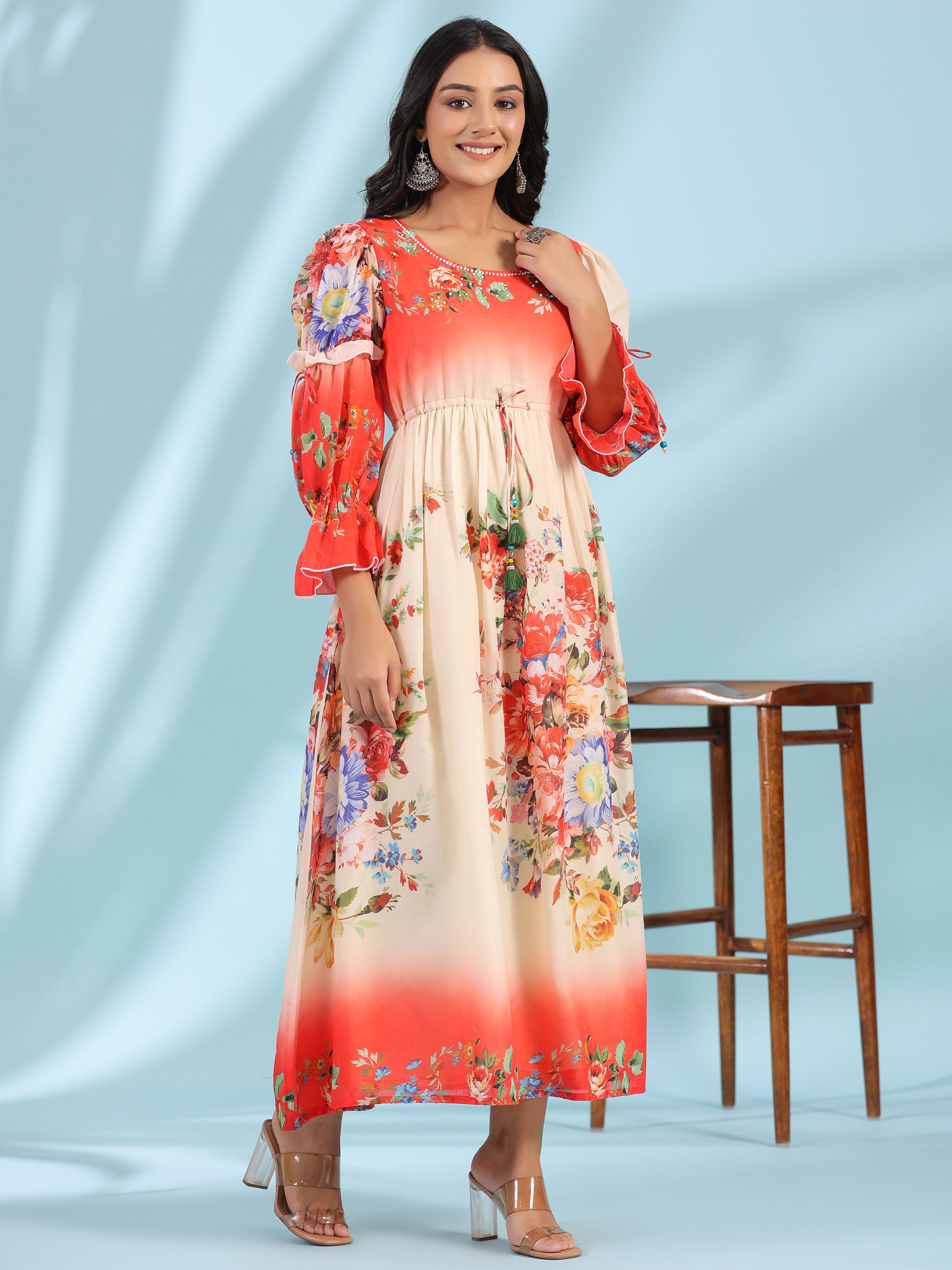 Juniper Women's Off-White Floral Printed Cotton Maxi Dress With Beads & Sequins Work - Distacart