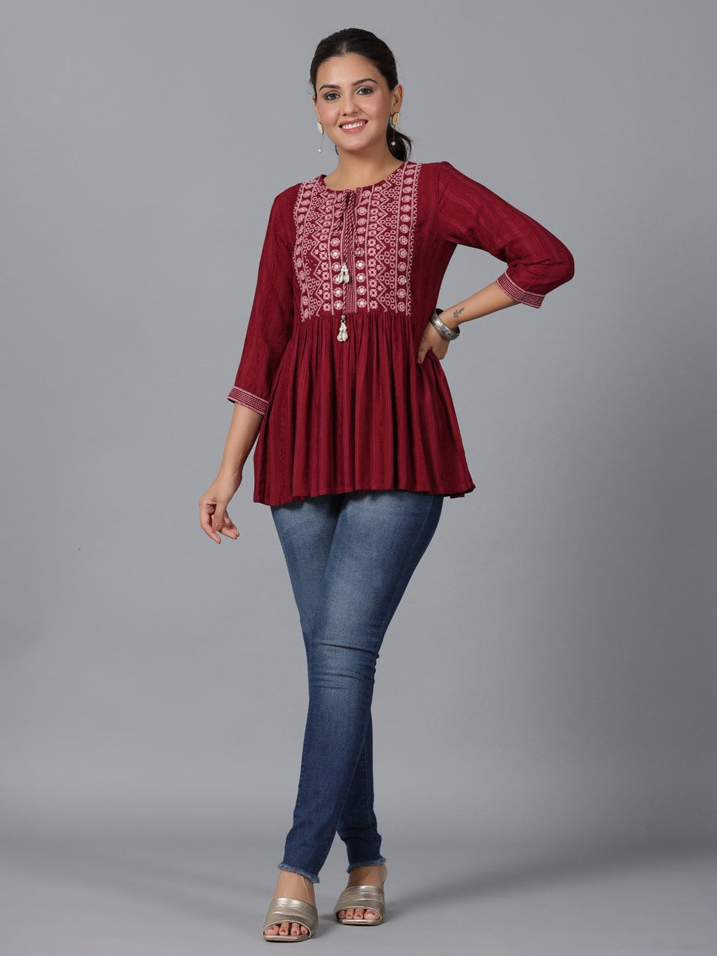 Juniper Women's Maroon Geometric Printed Rayon Tunic With Thread Work - Distacart