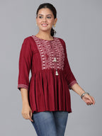 Juniper Women's Maroon Geometric Printed Rayon Tunic With Thread Work - Distacart