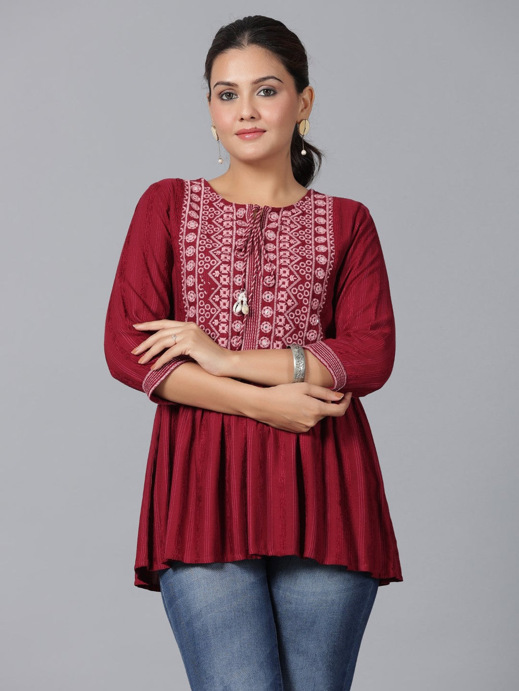 Juniper Women's Maroon Geometric Printed Rayon Tunic With Thread Work - Distacart