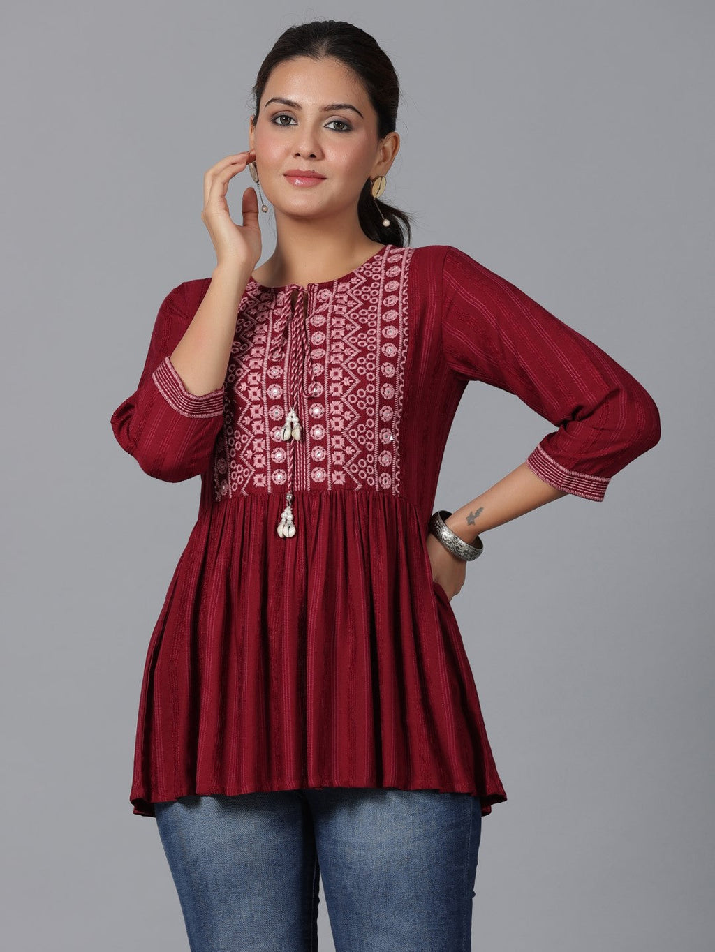 Juniper Women's Maroon Geometric Printed Rayon Tunic With Thread Work - Distacart