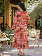 Juniper Maroon Ikat Printed Cotton Maxi Dress with Embroidered Neckline - Distacart