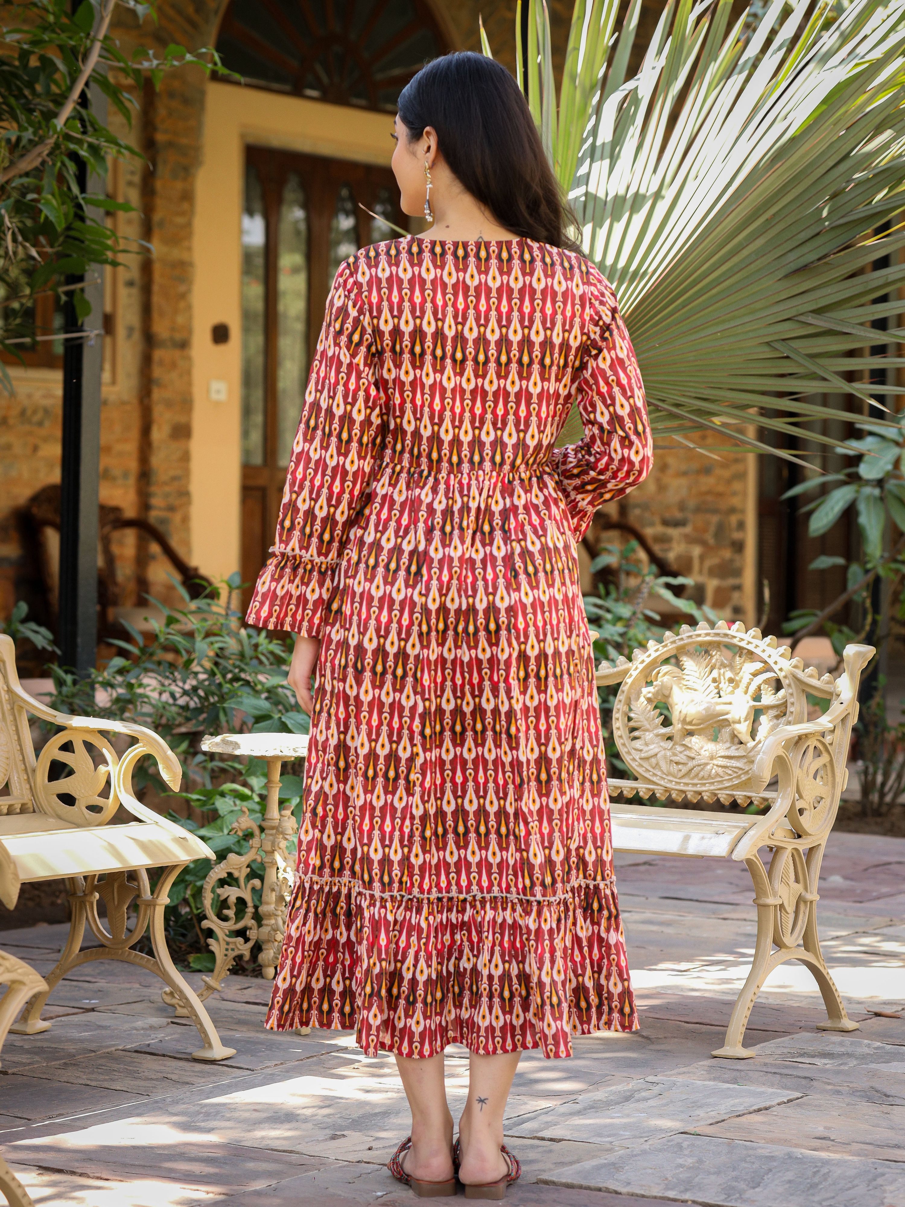 Juniper Maroon Ikat Printed Cotton Maxi Dress with Embroidered Neckline - Distacart