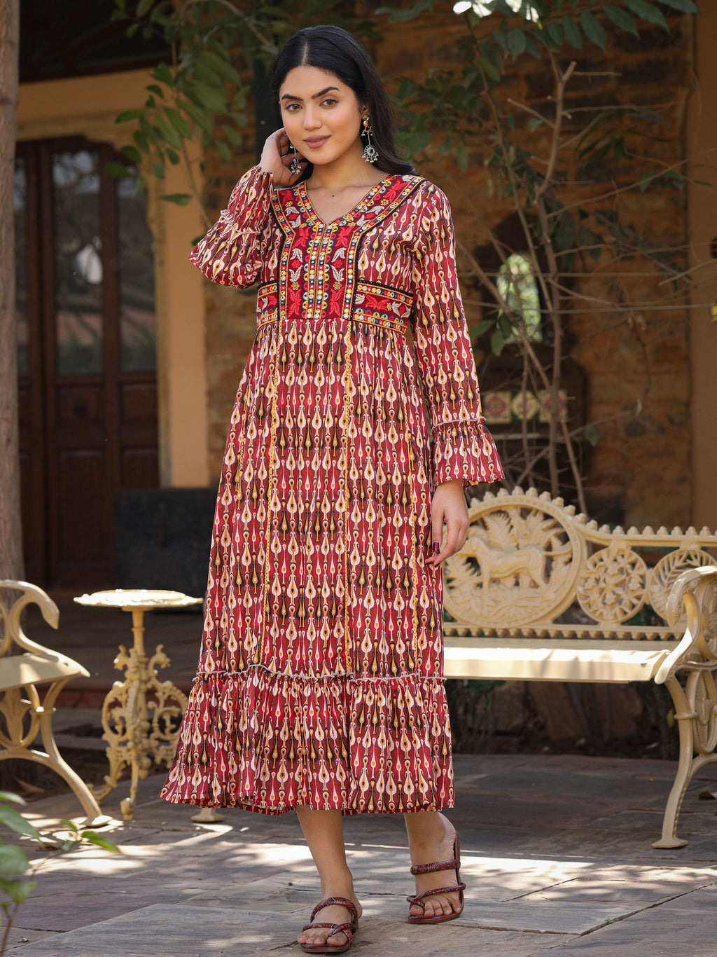 Juniper Maroon Ikat Printed Cotton Maxi Dress with Embroidered Neckline - Distacart