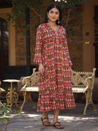 Juniper Maroon Ikat Printed Cotton Maxi Dress with Embroidered Neckline - Distacart