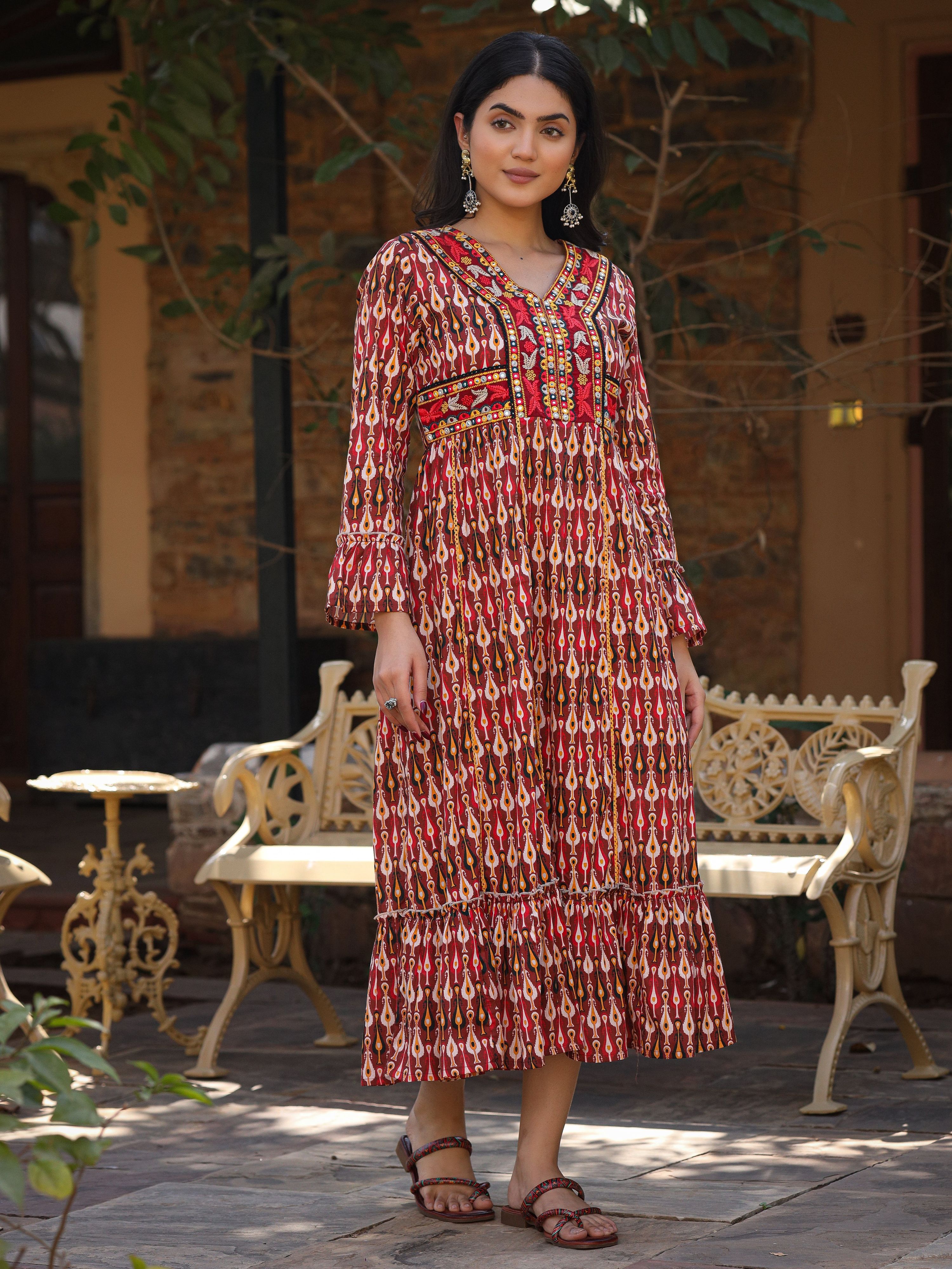 Juniper Maroon Ikat Printed Cotton Maxi Dress with Embroidered Neckline - Distacart