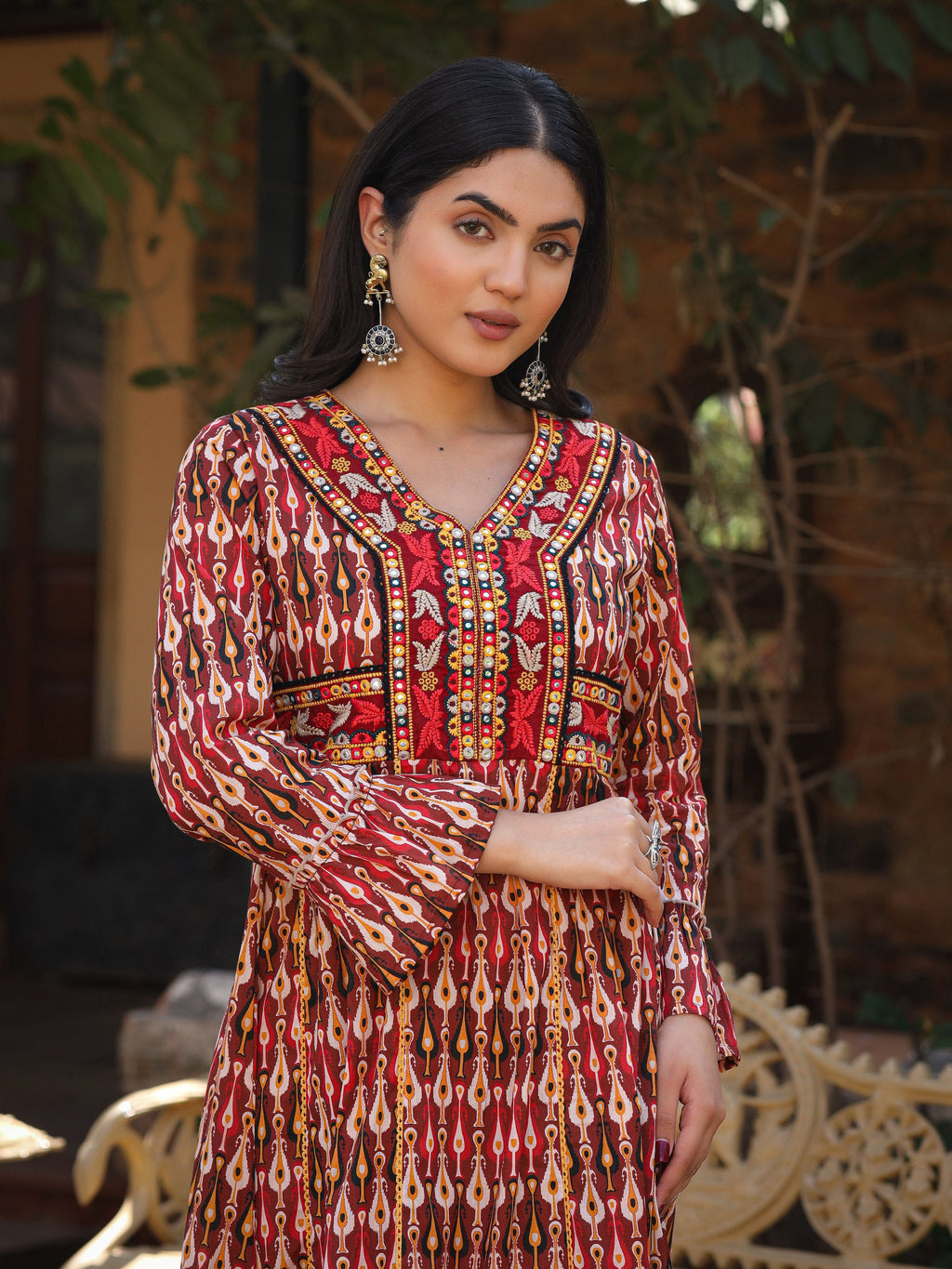 Juniper Maroon Ikat Printed Cotton Maxi Dress with Embroidered Neckline - Distacart