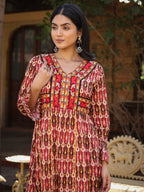 Juniper Maroon Ikat Printed Cotton Maxi Dress with Embroidered Neckline - Distacart
