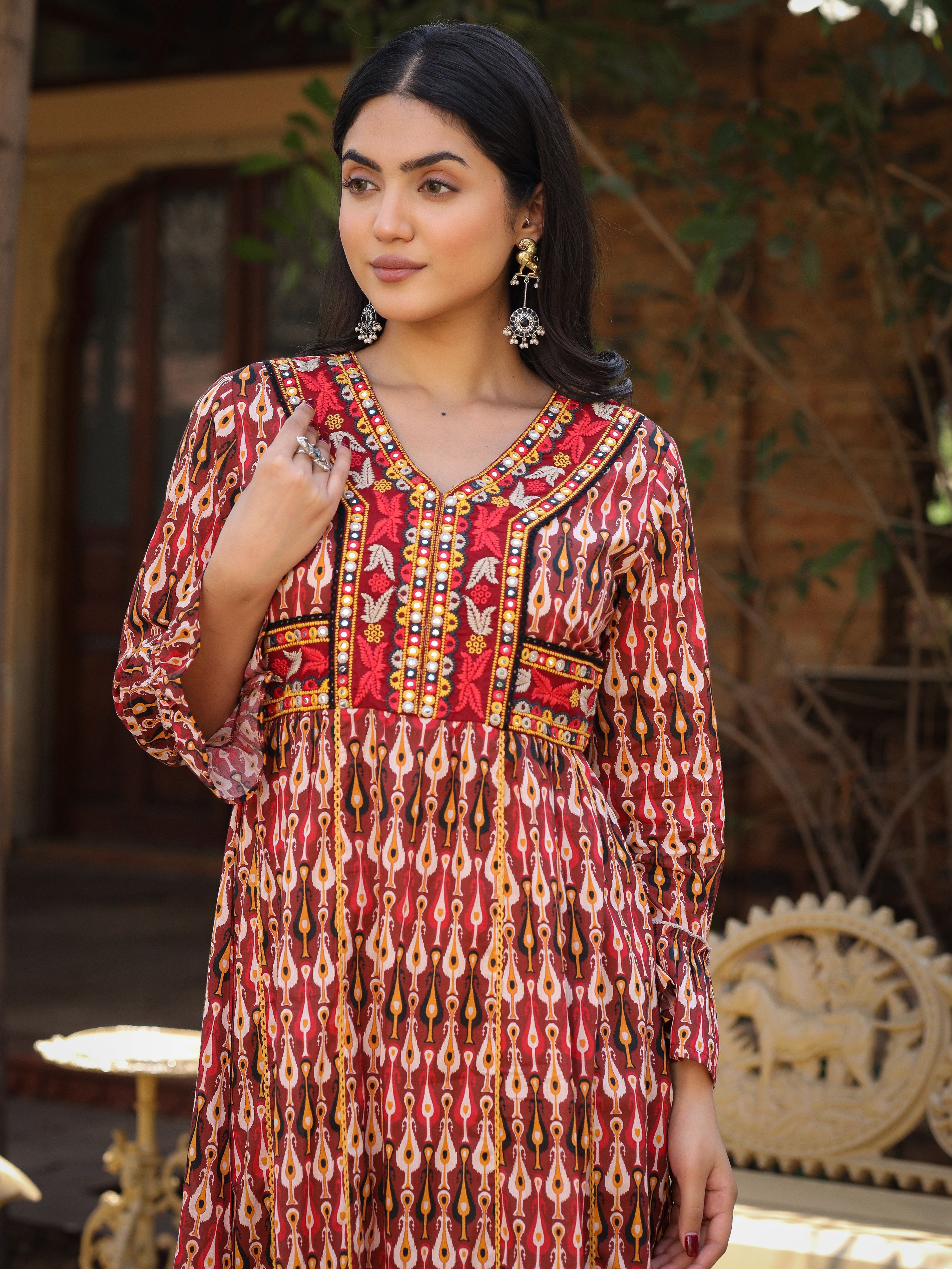Juniper Maroon Ikat Printed Cotton Maxi Dress with Embroidered Neckline - Distacart