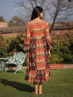 Juniper Rust Ikat Printed Cotton Maxi Dress with Embroidered Neckline - Distacart