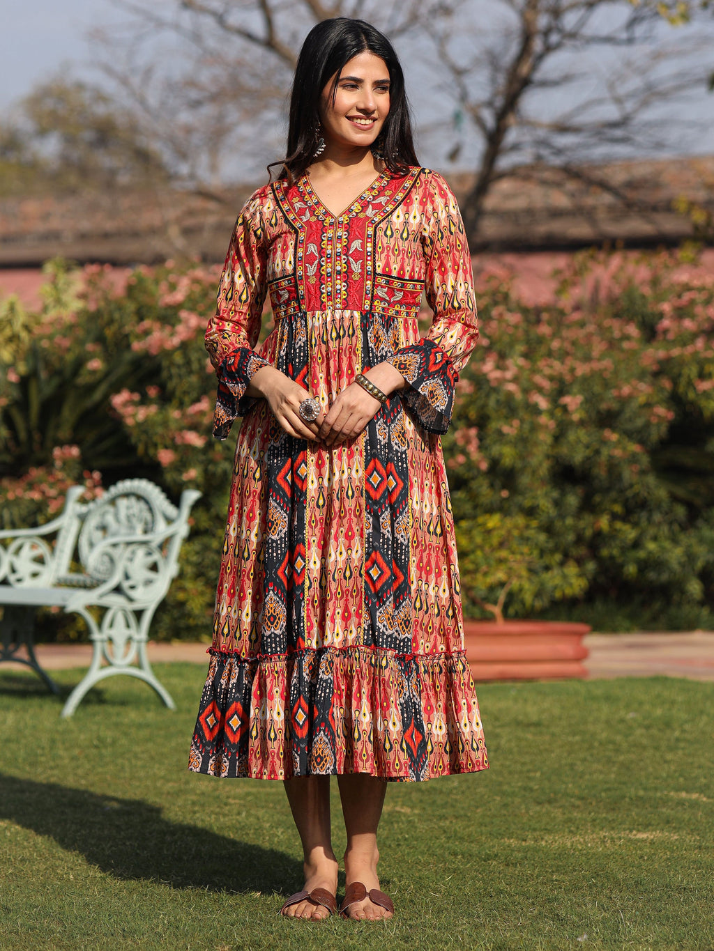 Juniper Rust Ikat Printed Cotton Maxi Dress with Embroidered Neckline - Distacart