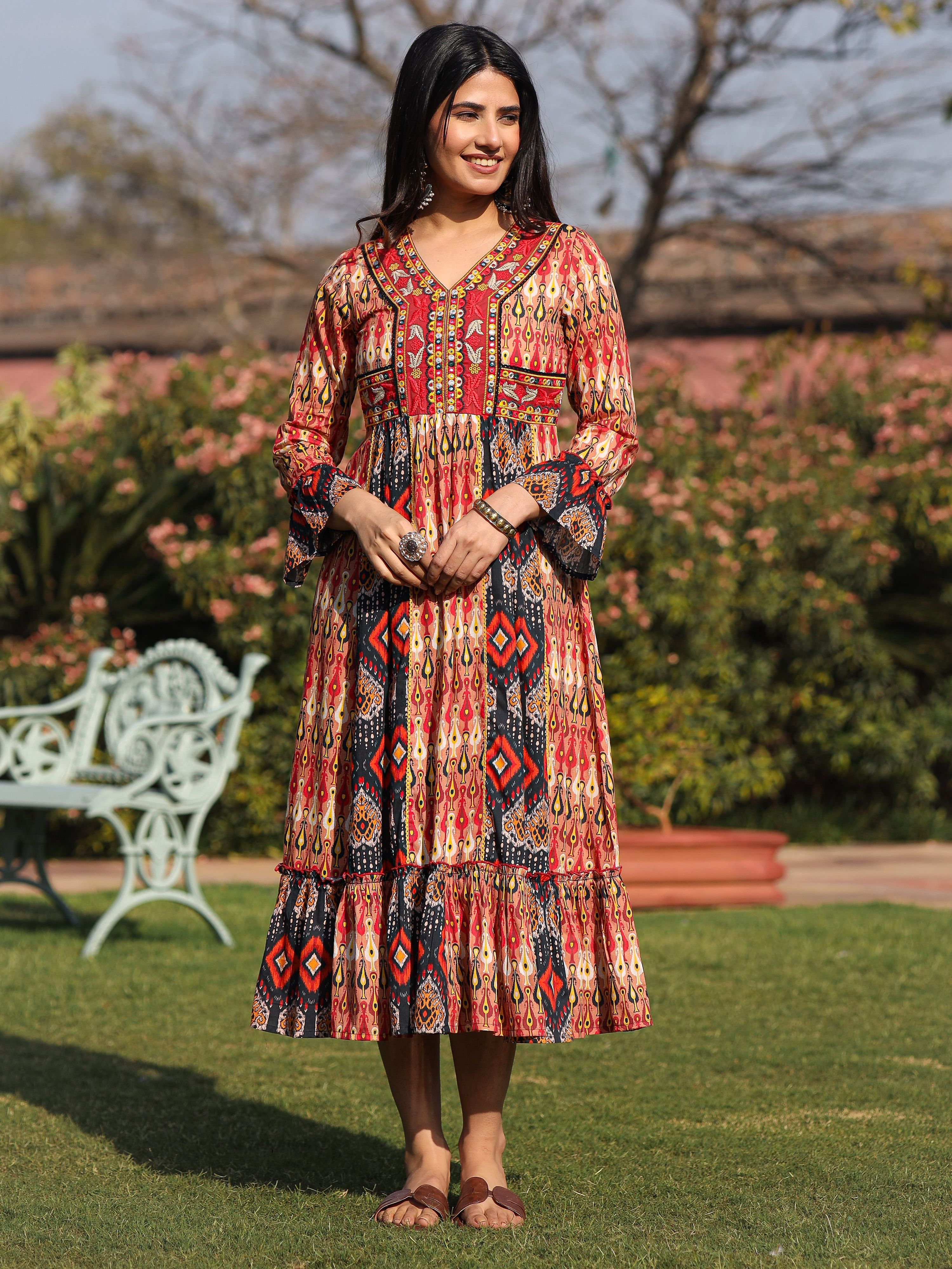 Juniper Rust Ikat Printed Cotton Maxi Dress with Embroidered Neckline - Distacart