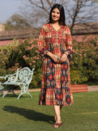 Juniper Rust Ikat Printed Cotton Maxi Dress with Embroidered Neckline - Distacart