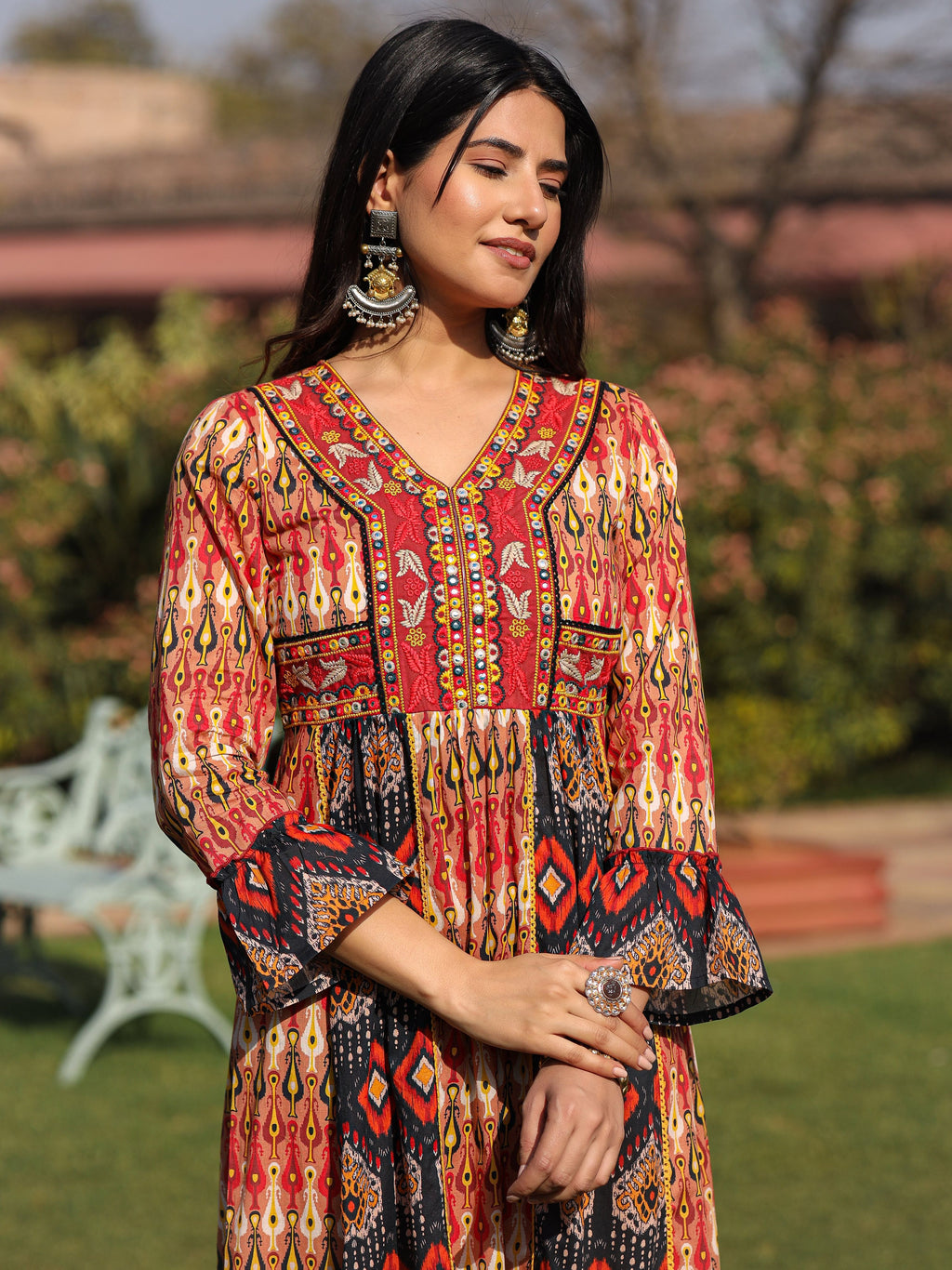 Juniper Rust Ikat Printed Cotton Maxi Dress with Embroidered Neckline - Distacart