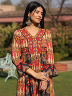 Juniper Rust Ikat Printed Cotton Maxi Dress with Embroidered Neckline - Distacart