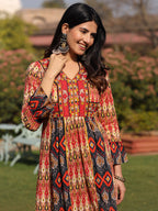 Juniper Rust Ikat Printed Cotton Maxi Dress with Embroidered Neckline - Distacart