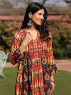 Juniper Rust Ikat Printed Cotton Maxi Dress with Embroidered Neckline - Distacart