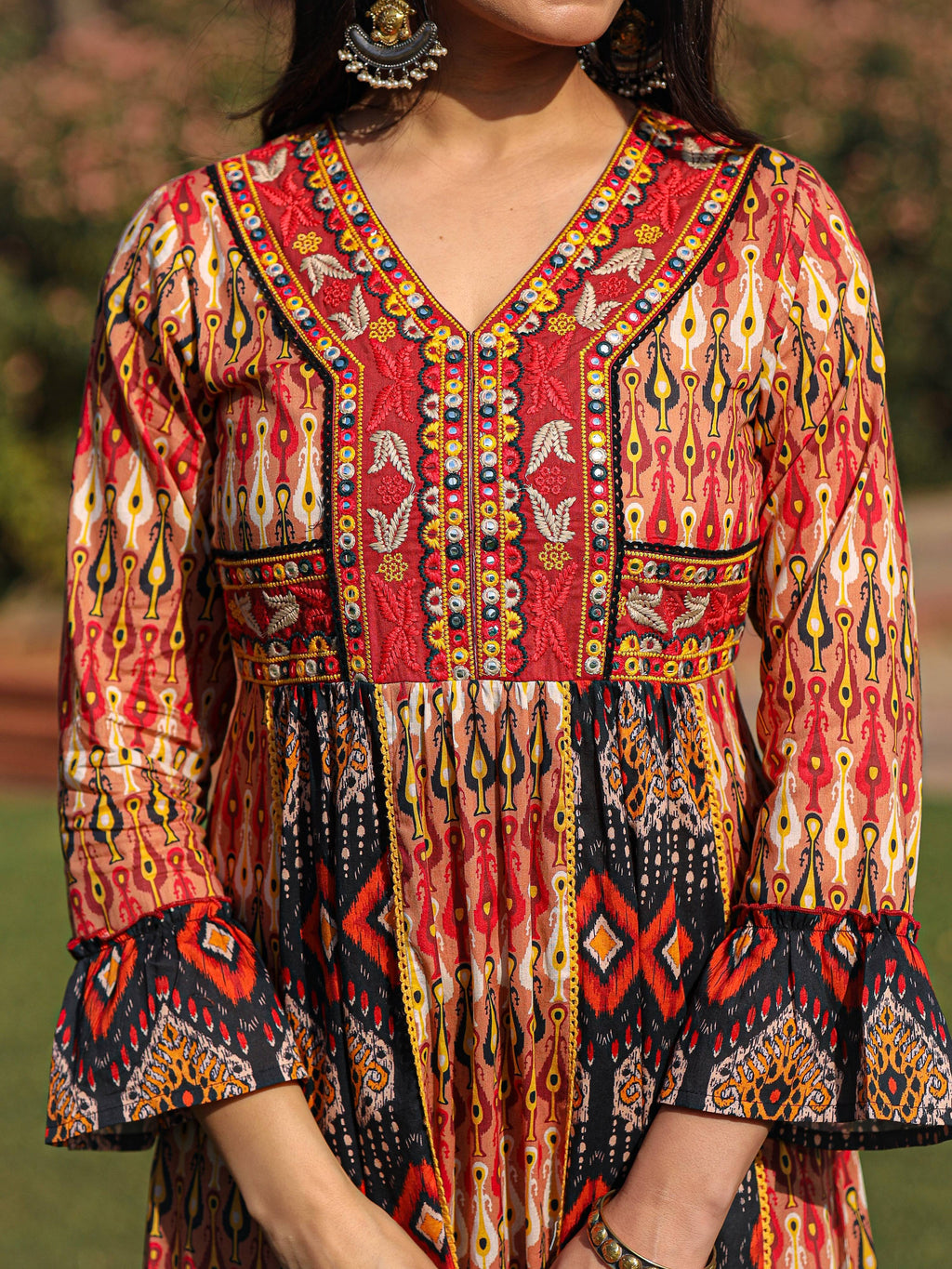 Juniper Rust Ikat Printed Cotton Maxi Dress with Embroidered Neckline - Distacart