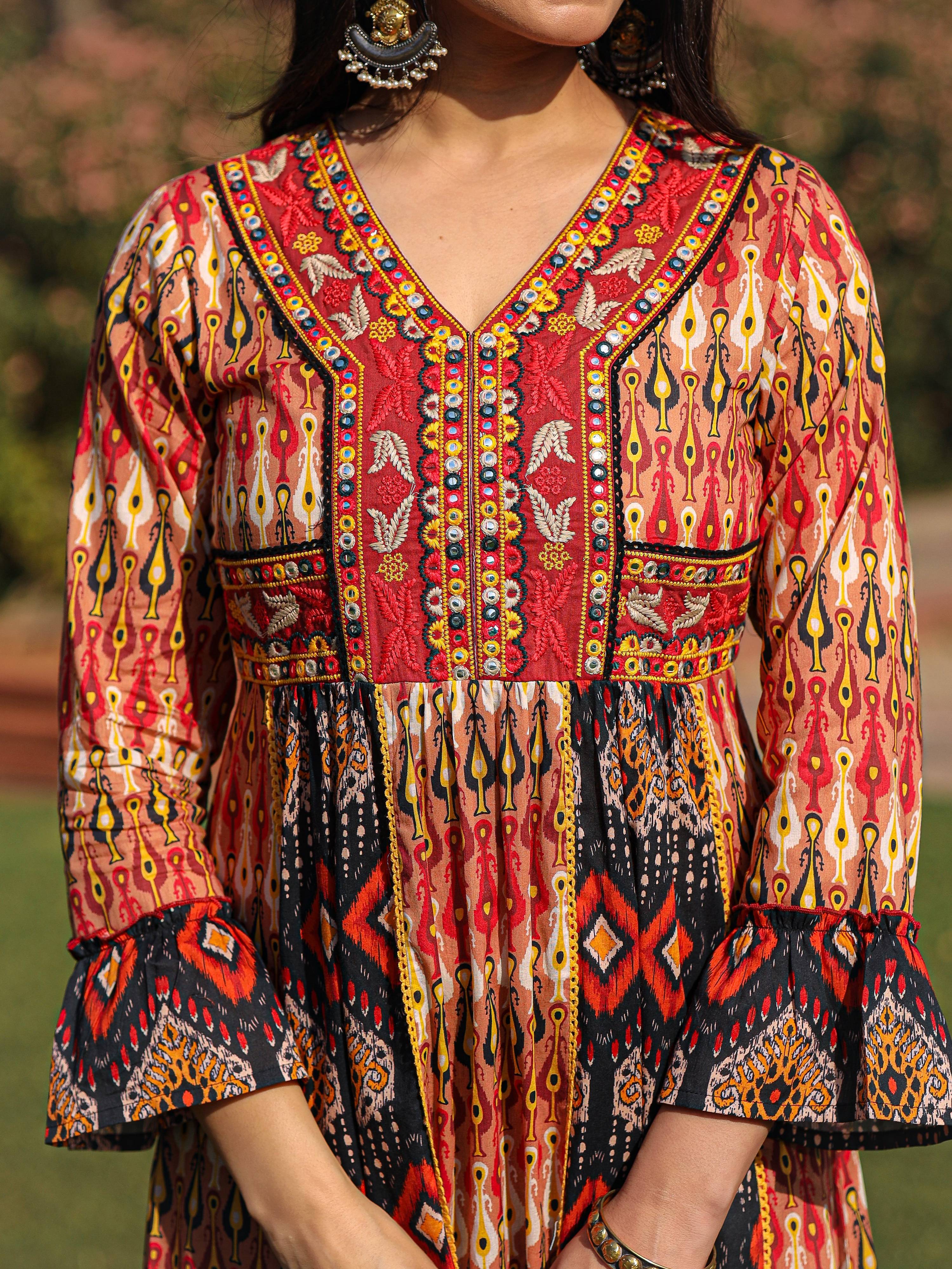 Juniper Rust Ikat Printed Cotton Maxi Dress with Embroidered Neckline - Distacart