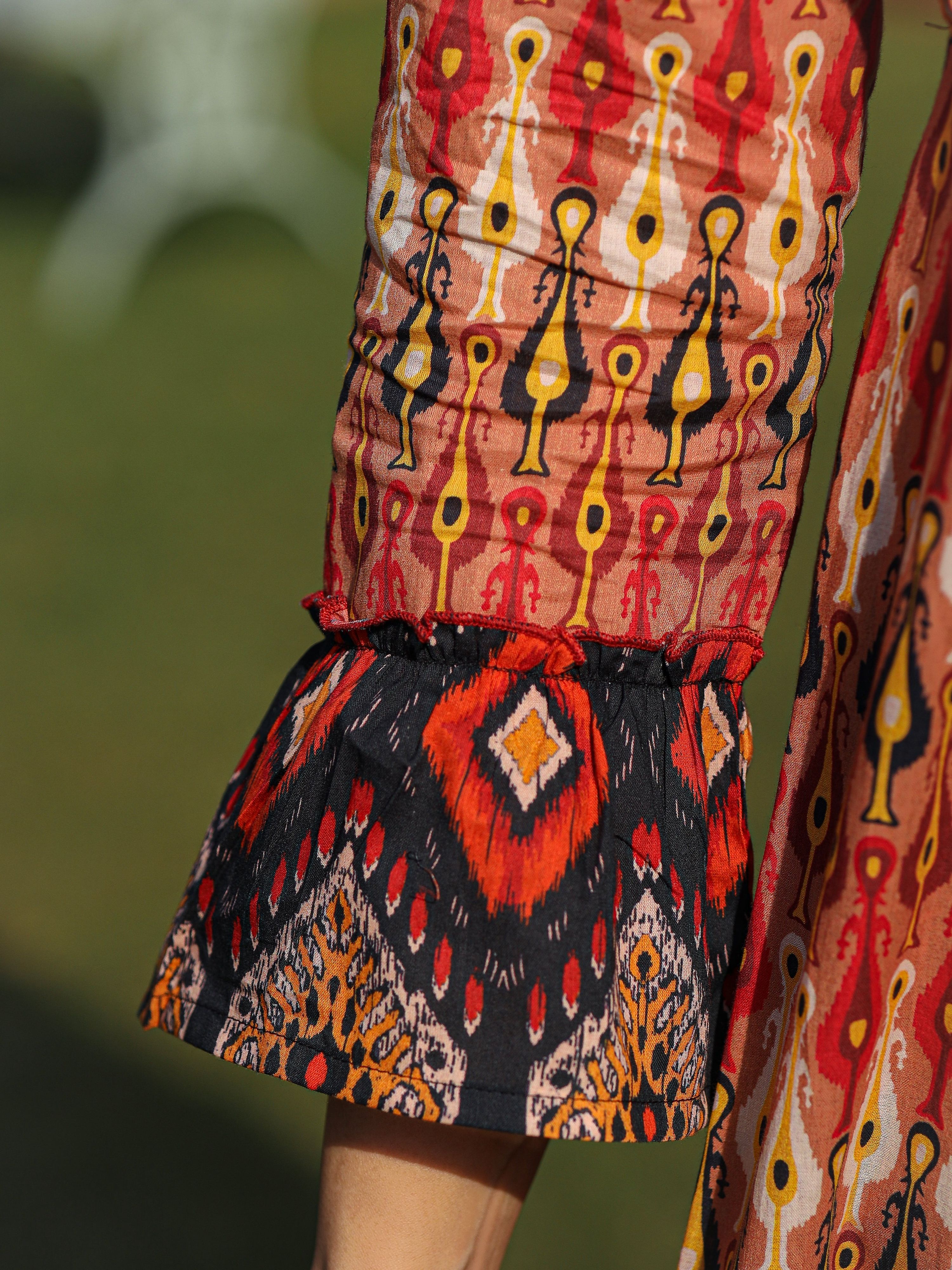 Juniper Rust Ikat Printed Cotton Maxi Dress with Embroidered Neckline - Distacart