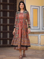Juniper Women's Multi Colored Cotton Maxi Dress With Ethnic Motifs, Embroidered Jacket, And Long Sleeves - Distacart