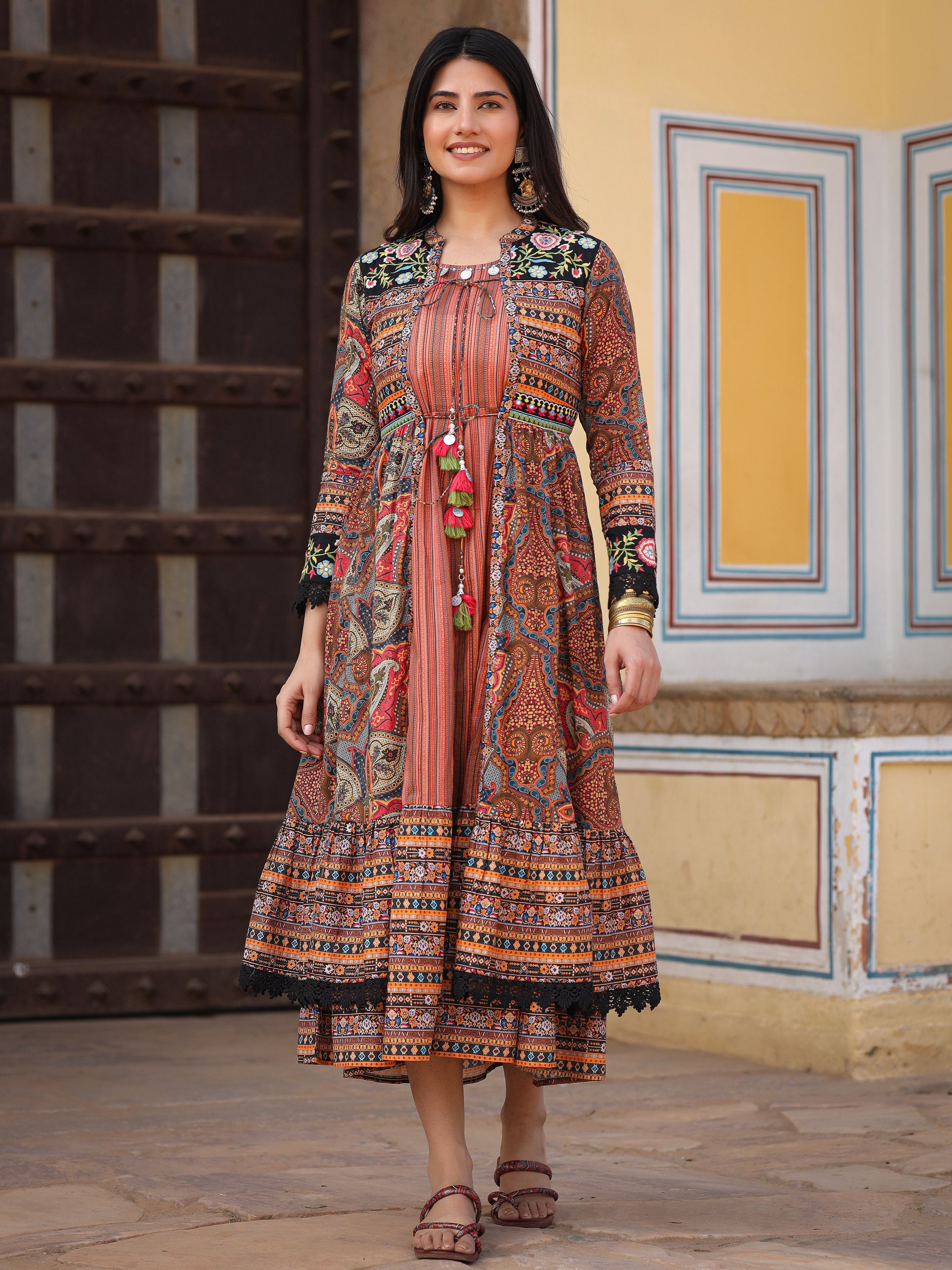 Juniper Women's Multi Colored Cotton Maxi Dress With Ethnic Motifs, Embroidered Jacket, And Long Sleeves - Distacart