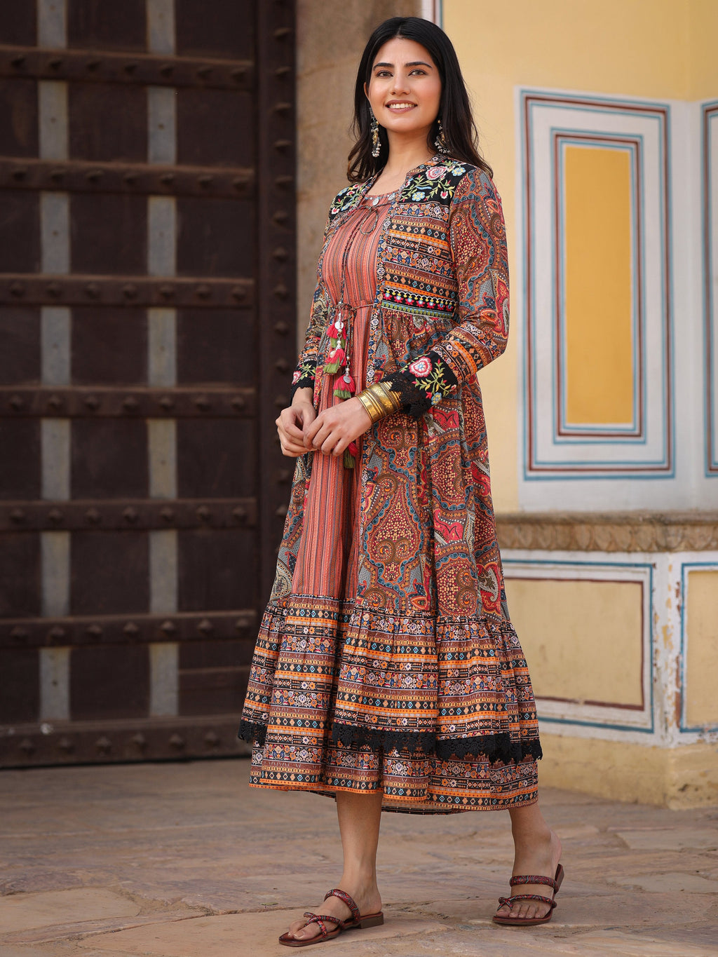 Juniper Women's Multi Colored Cotton Maxi Dress With Ethnic Motifs, Embroidered Jacket, And Long Sleeves - Distacart