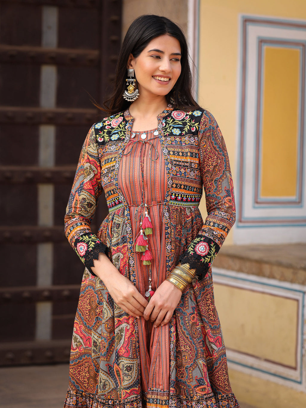 Juniper Women's Multi Colored Cotton Maxi Dress With Ethnic Motifs, Embroidered Jacket, And Long Sleeves - Distacart