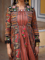 Juniper Women's Multi Colored Cotton Maxi Dress With Ethnic Motifs, Embroidered Jacket, And Long Sleeves - Distacart