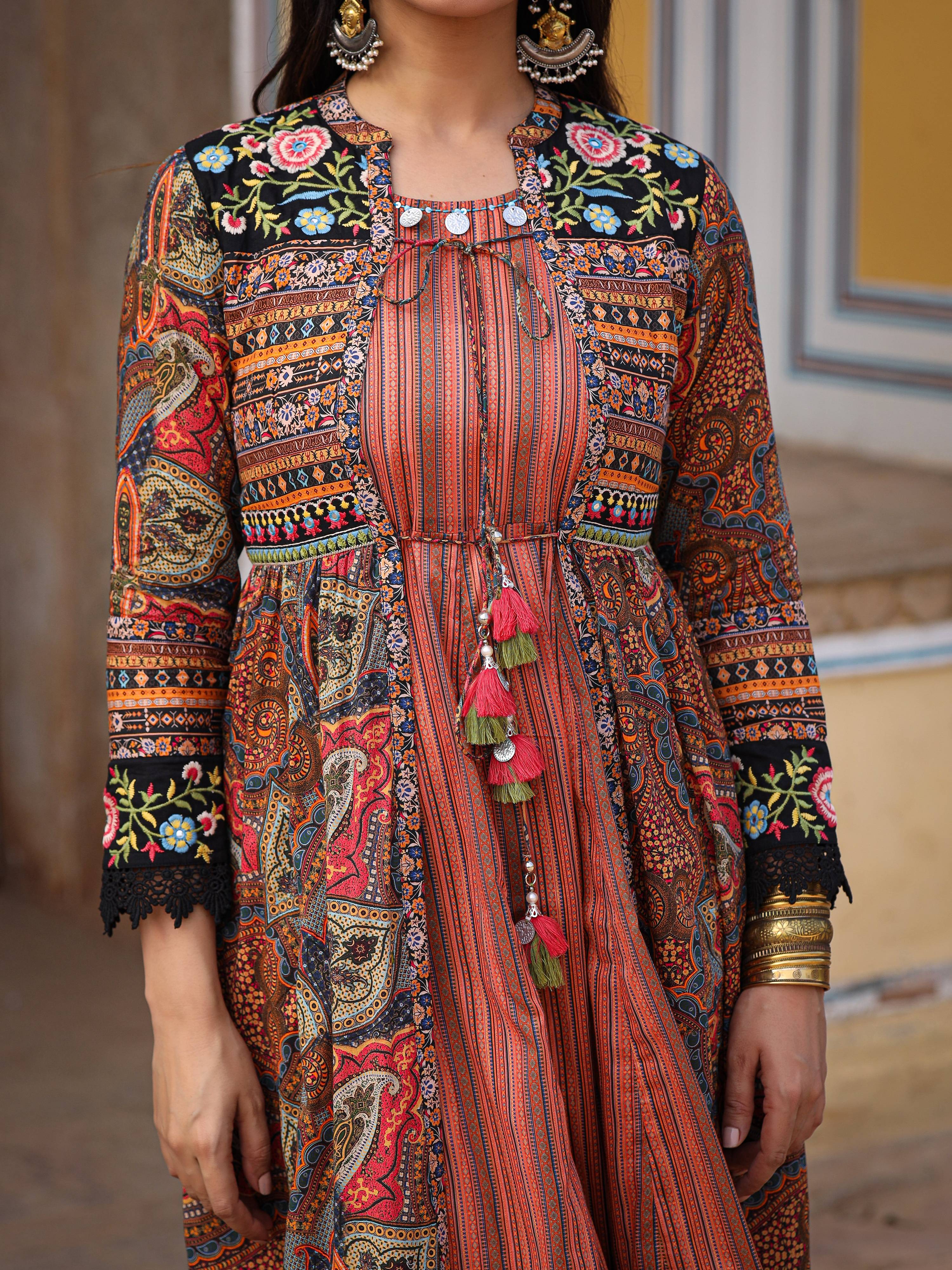 Juniper Women's Multi Colored Cotton Maxi Dress With Ethnic Motifs, Embroidered Jacket, And Long Sleeves - Distacart