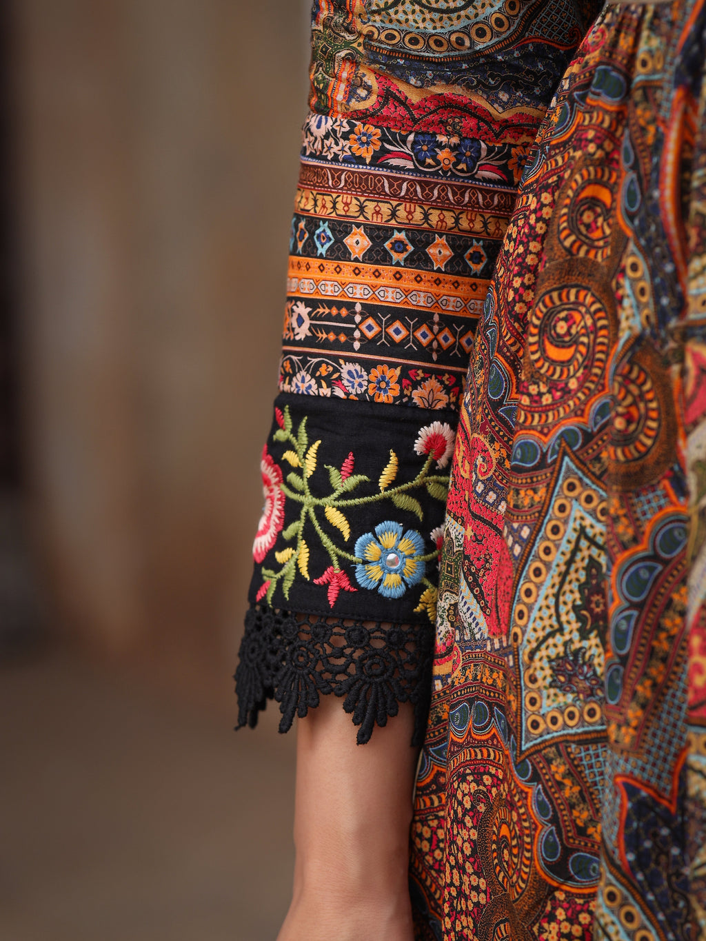 Juniper Women's Multi Colored Cotton Maxi Dress With Ethnic Motifs, Embroidered Jacket, And Long Sleeves - Distacart