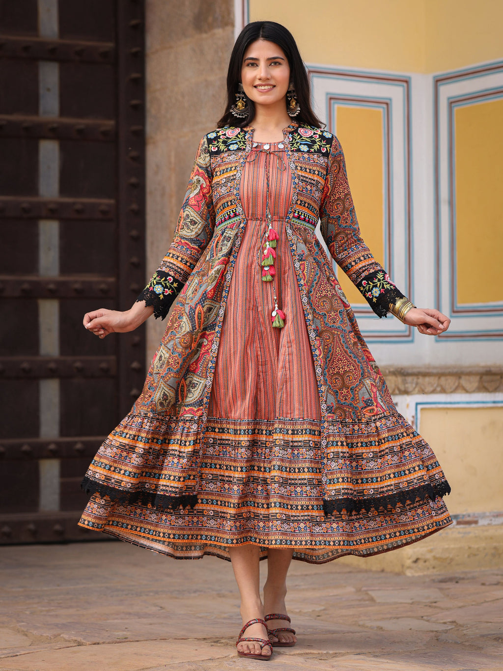 Juniper Women's Multi Colored Cotton Maxi Dress With Ethnic Motifs, Embroidered Jacket, And Long Sleeves - Distacart